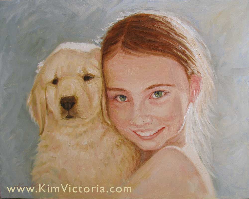 Oil painting portrait Girl & Puppy by Kim Victoria