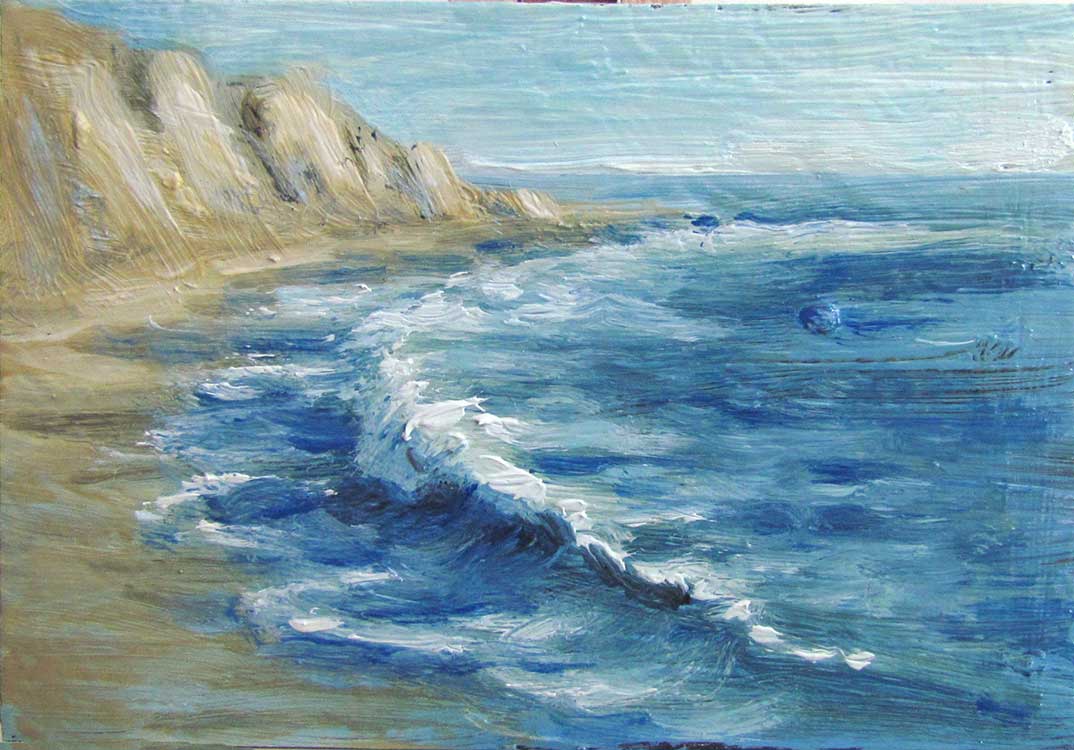 Quiet Beach Seascape miniature oil painting, trading card size, by Kim Victoria